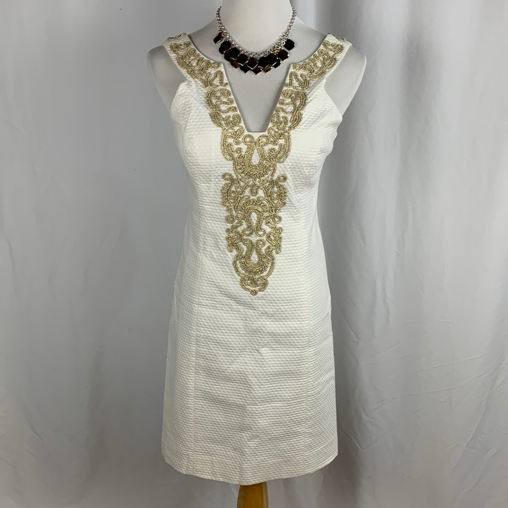 Lilly Pulitzer Suzette White Cotton Shift Dress with Gold Braid Trim - Picture 1 of 8